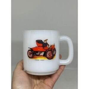 VTG White Milk Glass Antique 1903 Red Model A Ford Car Coffee Mug Cup 3.25"